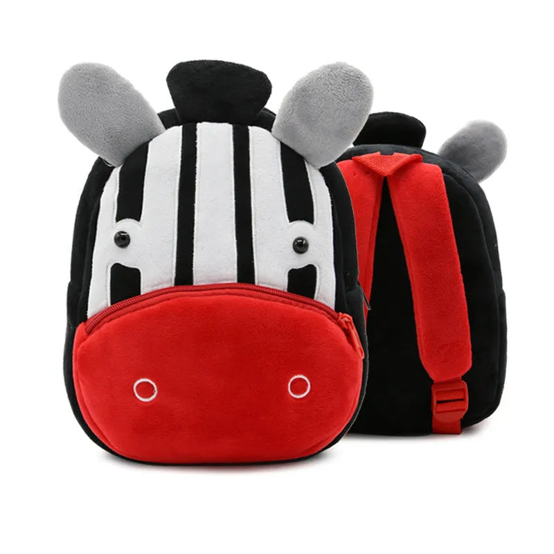 Children's plush animal backpack with elephant design showing dimensions and zipper opening