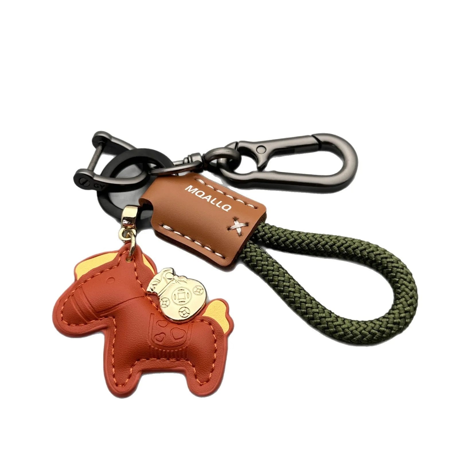 Handmade cowhide car key ring pendant with zinc alloy pony buckle charm and plant flanelle rope loop