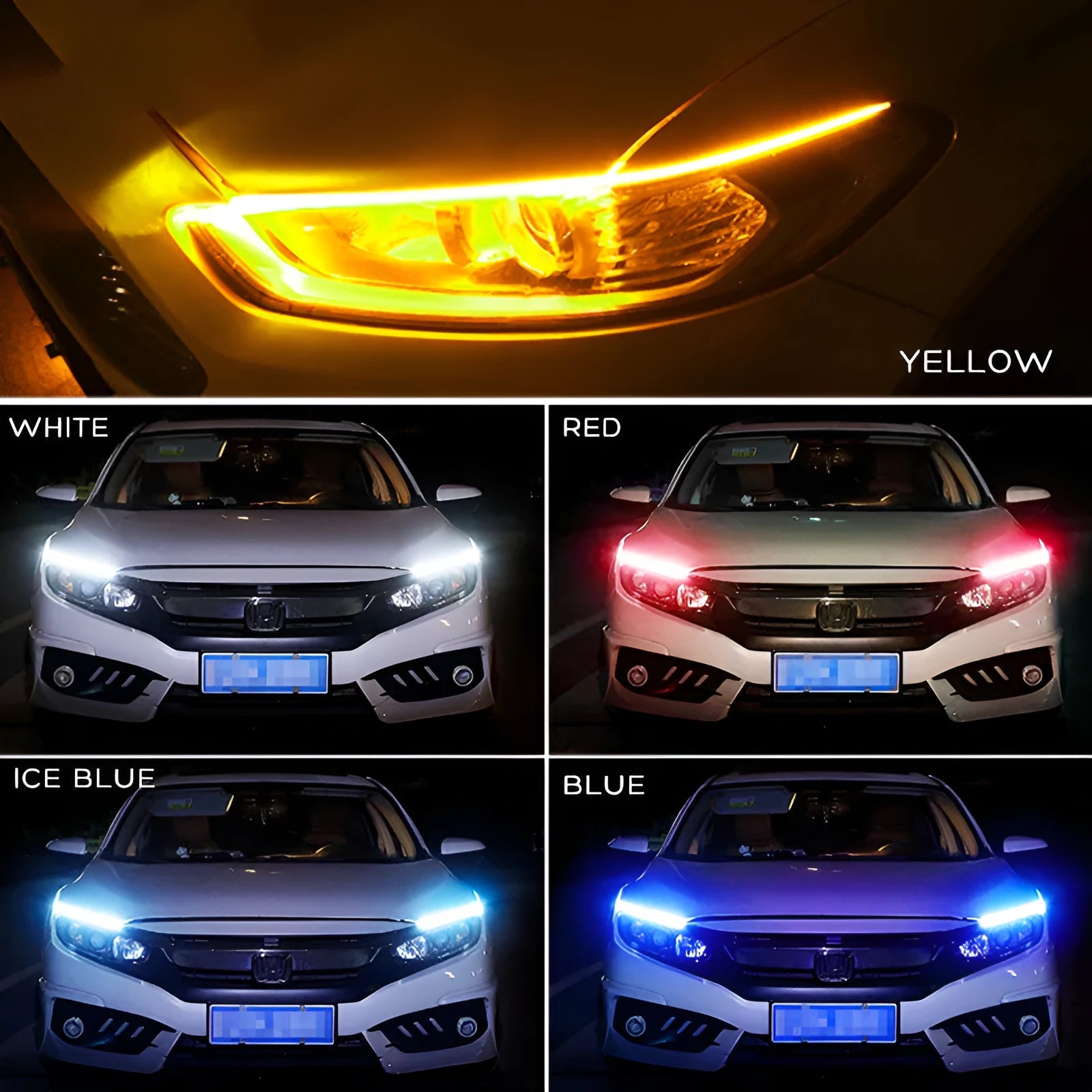 Car LED daytime running light strip with flowing turn signals in silicone waterproof construction