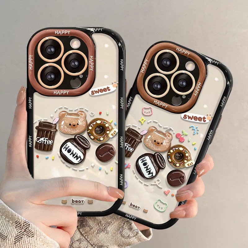Coffee bear 3D doll pendant drop-resistant silicone phone case for Apple iPhone in cream black