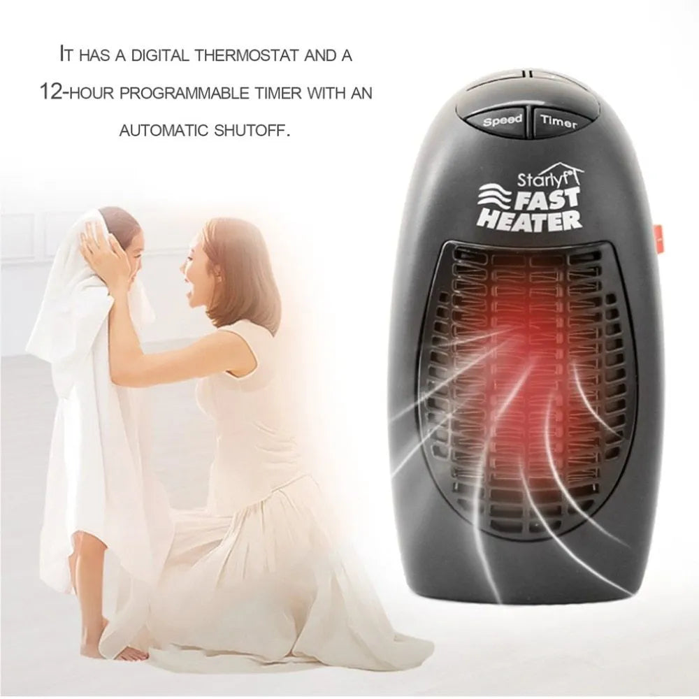 Black compact mini electric heater with digital display and a rotating three-prong plug.