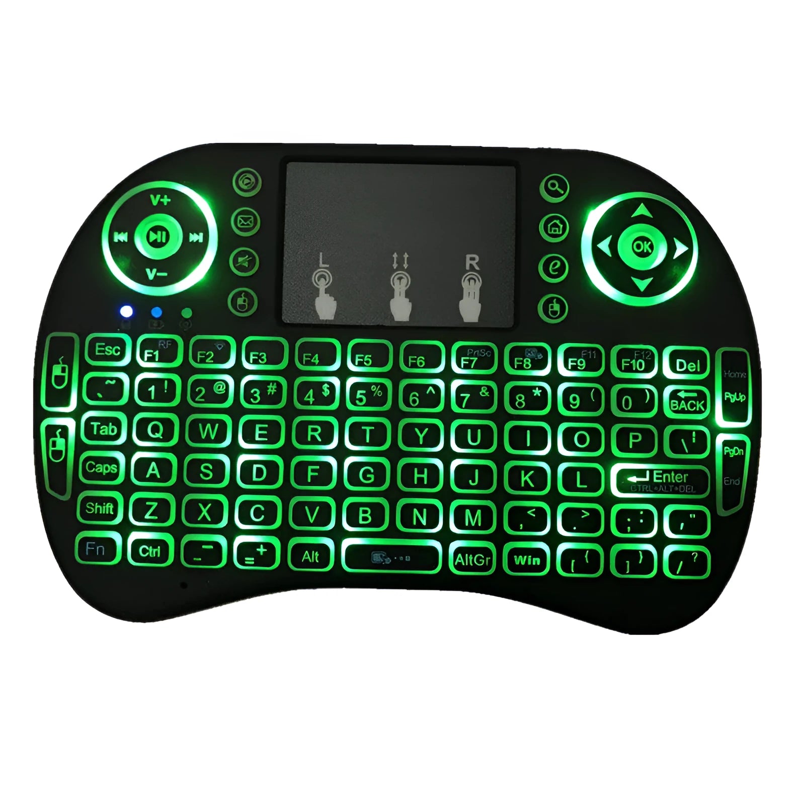 Backlit I8 mini wireless keyboard with touchpad in use on a table with smart TV in background
