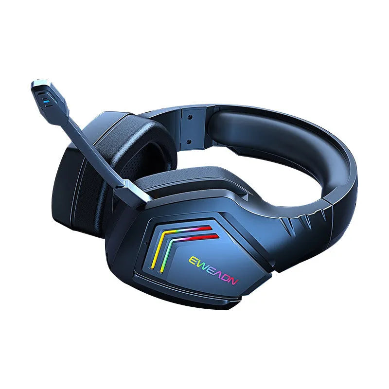 Black wireless Bluetooth headset with RGB lighting accents and over-ear design