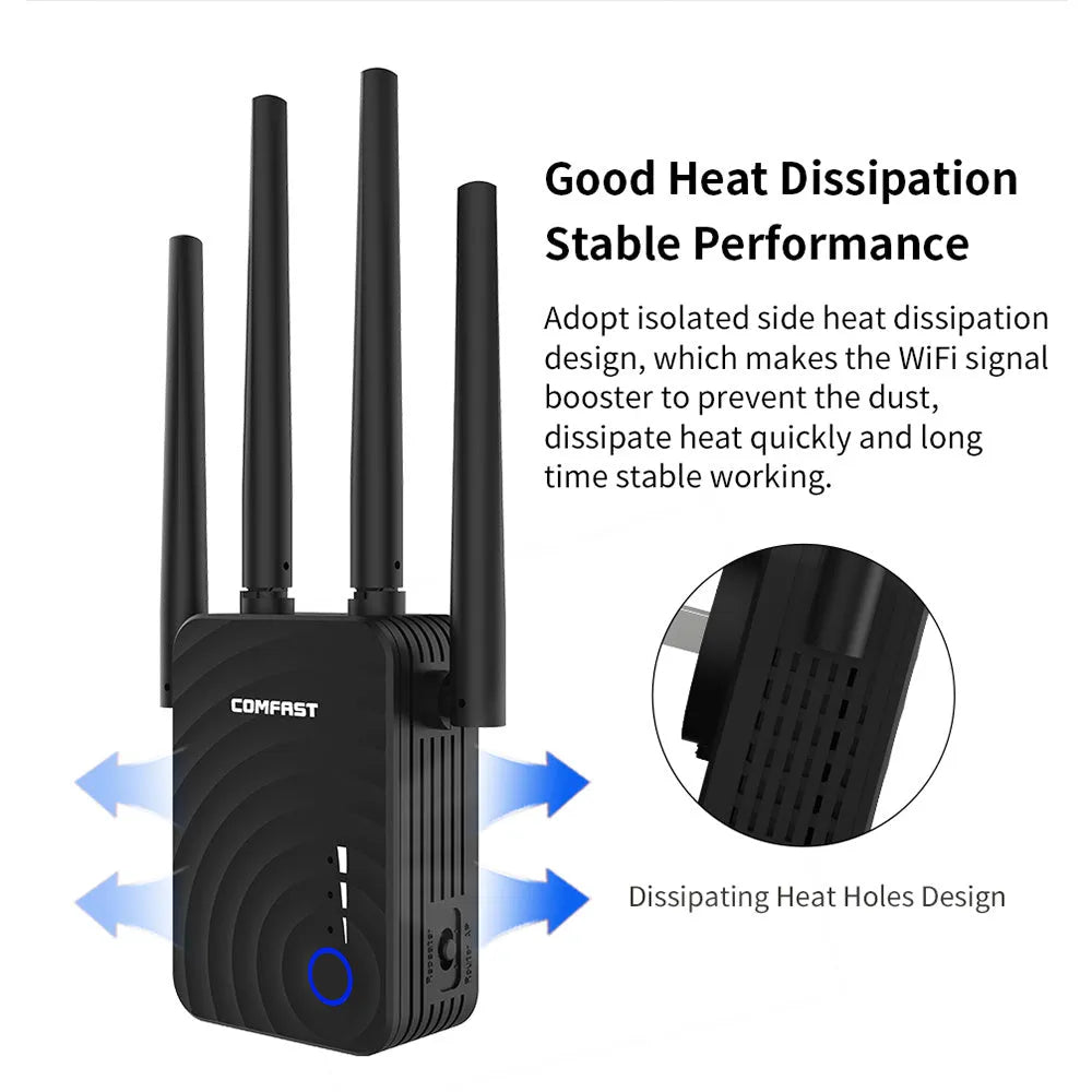 AC1200 dual band WiFi range extender with four 3dBi antennas, black, on white background