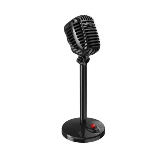 Black USB computer microphone on an adjustable stand with a foam windscreen and long cable.