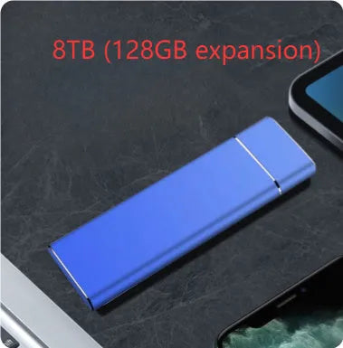 Sapphire blue portable solid state hard drive with metal housing, USB cable and manual