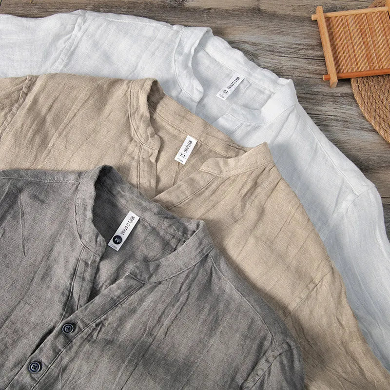 Solid colour linen pullover top with short sleeves shown in grey, khaki and white colour options