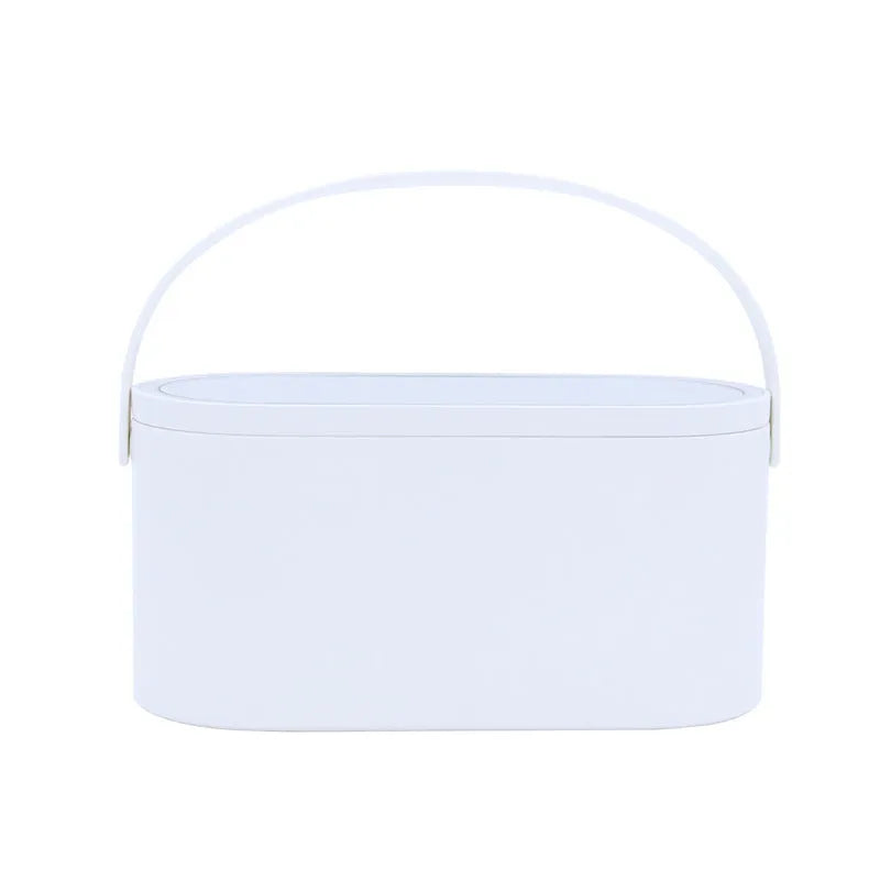 Portable LED mirror makeup organiser box with touch light, rotatable bracket, and soft handle in white