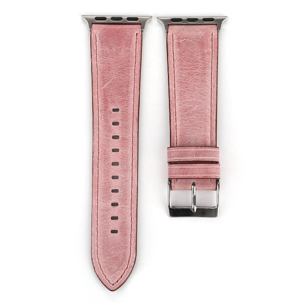 Leather watch strap with a folding buckle shown in multiple colour options.