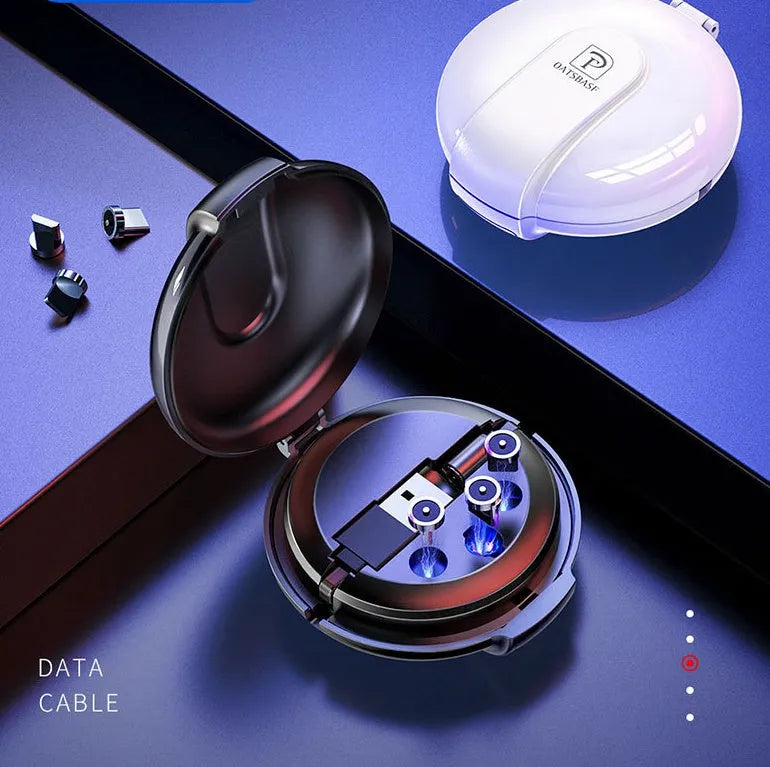 Black magnetic 3-in-1 car phone holder and portable charger with retractable cable on a car dashboard.