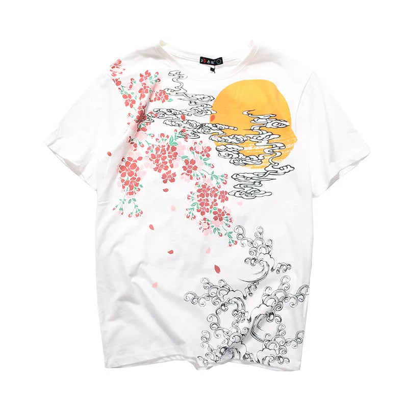 Embroidered men's cotton T-shirt in white, front view, with visible stitched detail on chest