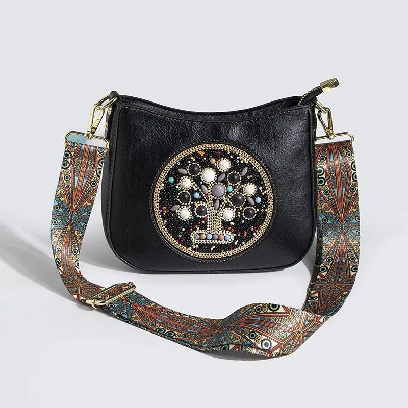 Straw bead turquoise ethnic style bucket shoulder crossbody bag with PU lining and mobile phone pocket