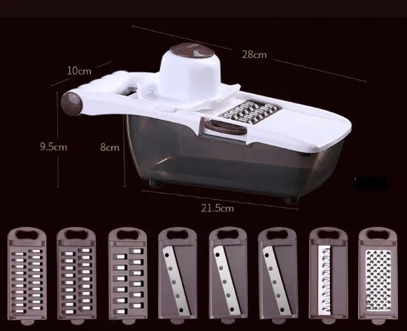Multi-function vegetable chopper with 8 stainless steel blades, 28cm, brown plastic body, safety protector and blades on display