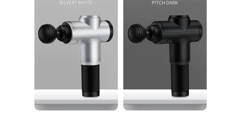 Black rechargeable percussion massage gun with 2000mAh battery and variable speed 1200-3300 rpm