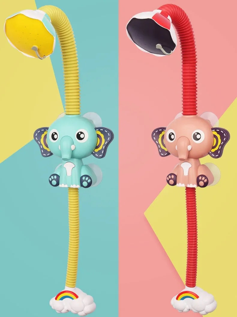 Elephant shower baby bath toy set in blue and pink colours, battery operated with plastic construction