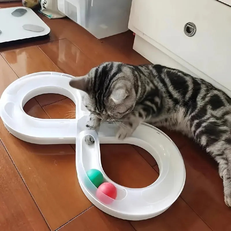 Interactive cat turntable toy with track balls and teasing stick on 50cm base