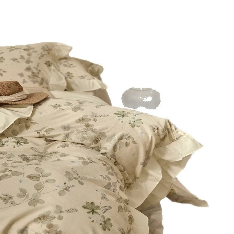 Cotton and linen yarn-dyed printed four-piece bedsheet set in raw jute colour with lace trim