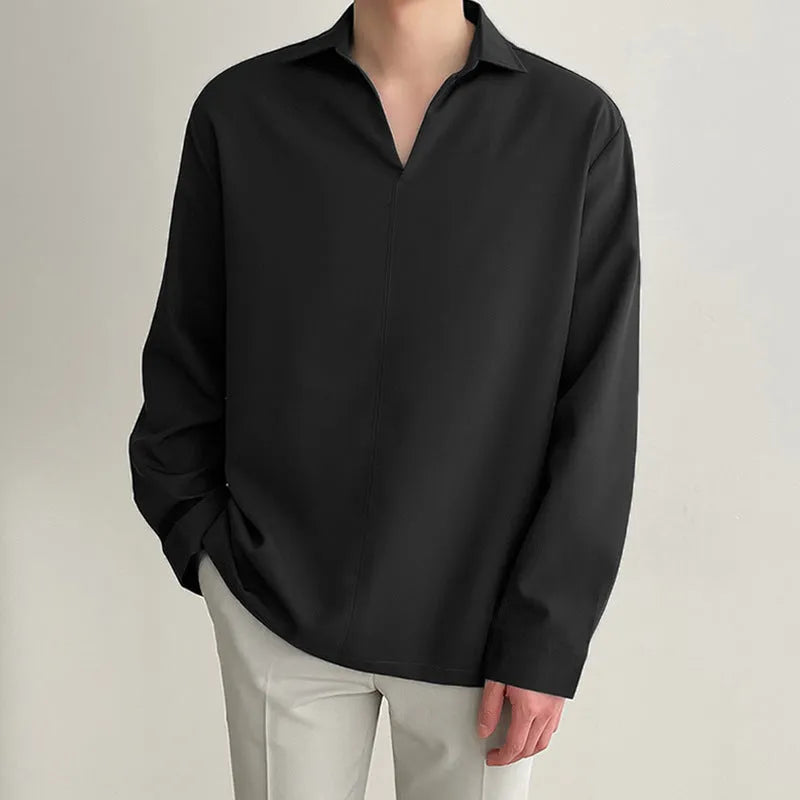 Men's loose lapels casual shirt in thin polyester fabric with long sleeves