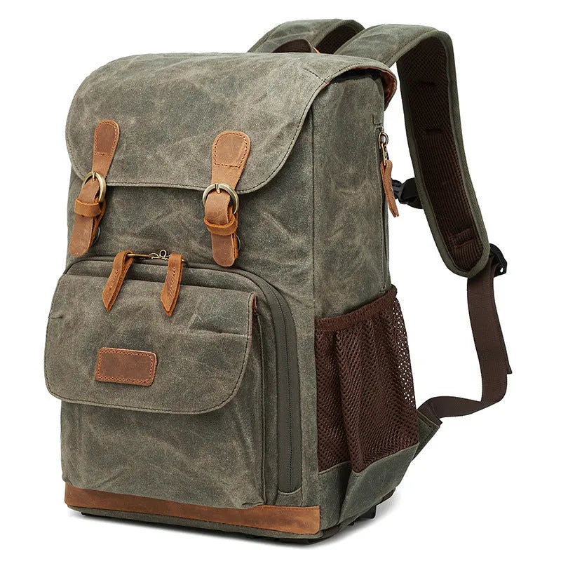 Canvas DSLR camera backpack in khaki colour with waterproof and anti-shock features