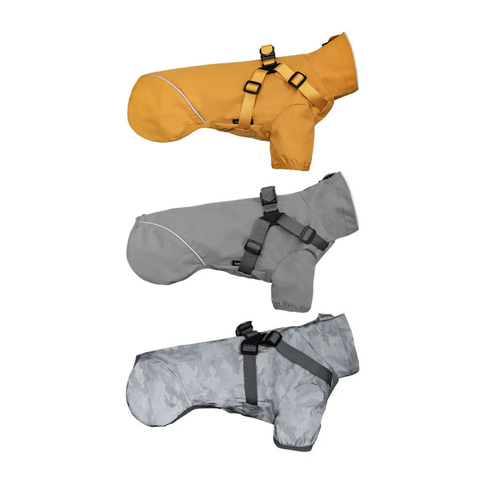 Waterproof polyester dog raincoat for small breeds with two legs in camouflage colour