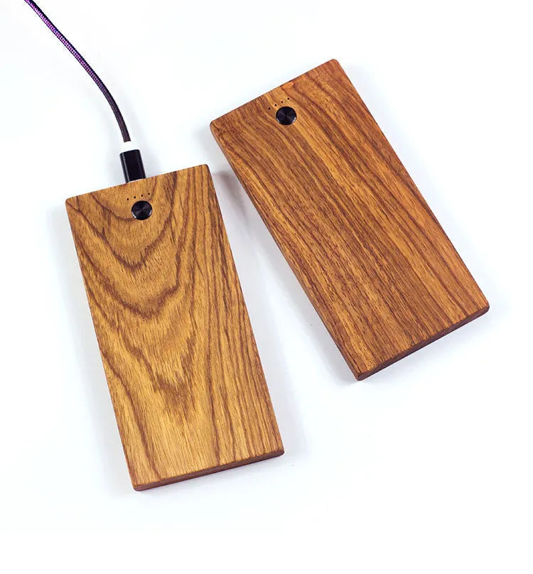 Wooden handicraft power bank with 8000mAh capacity, 156x77x12mm size, black and wood finish