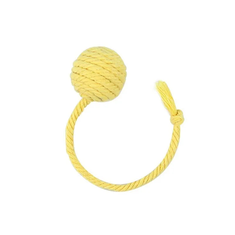 Colourful cat toy ball with attached rope, internal bell makes sound when rolled