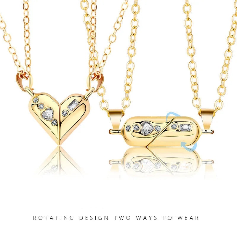 Love couple necklace pair with rotating magnet stone heart pendant in alloy and electroplating finish