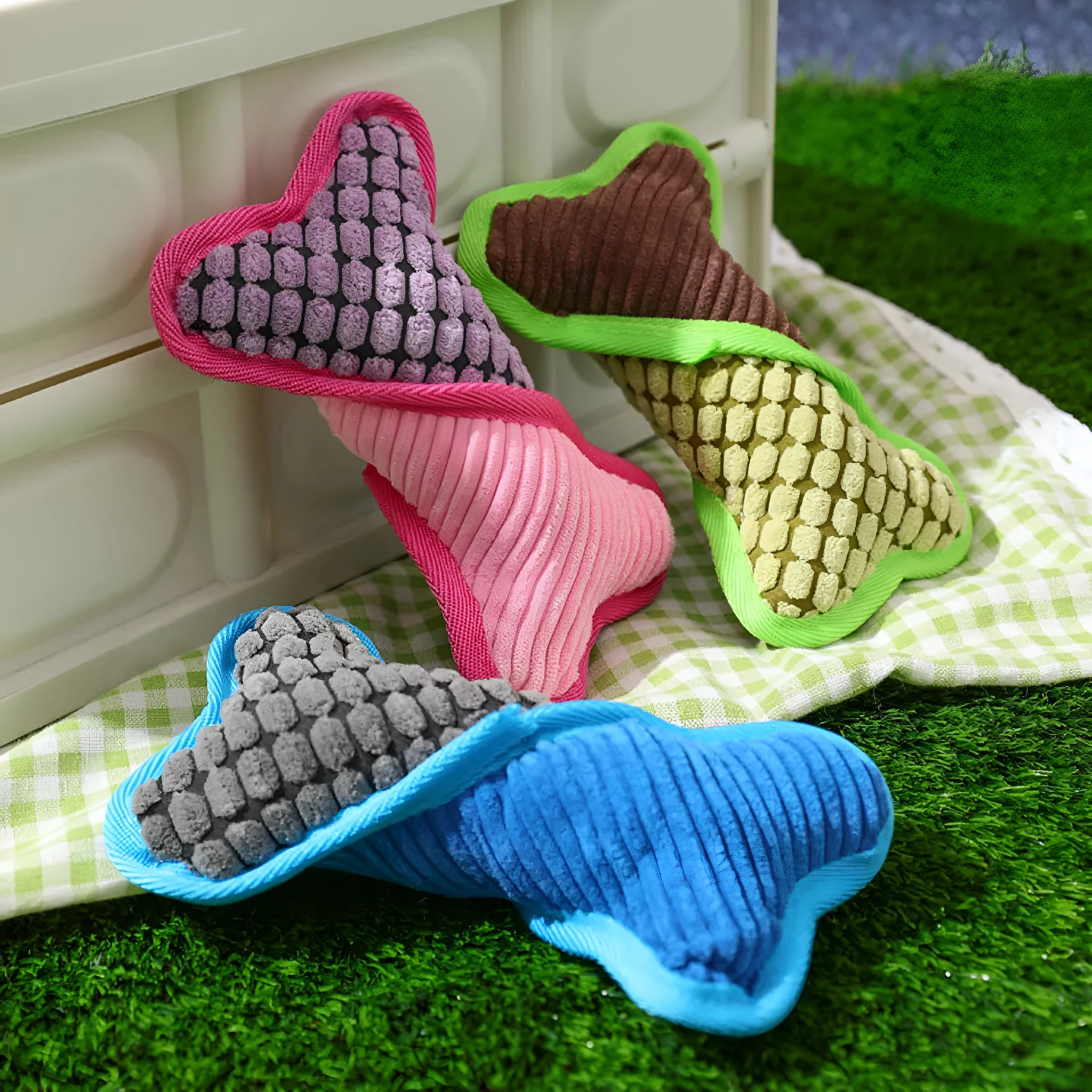 Blue bite-resistant teddy dog toy with a squeaker bone and soft corn fleece lining