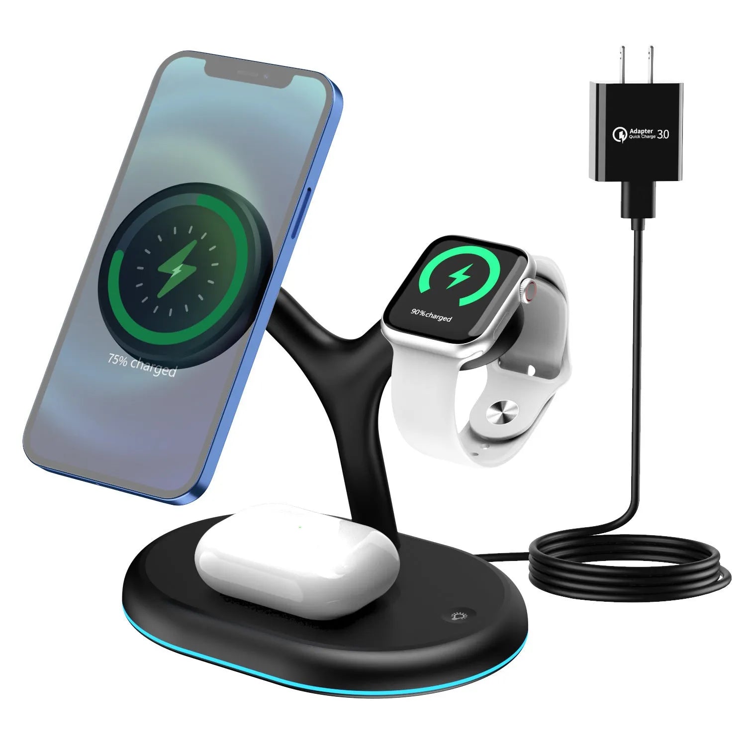 Black magnetic wireless charger with simple design on solid background