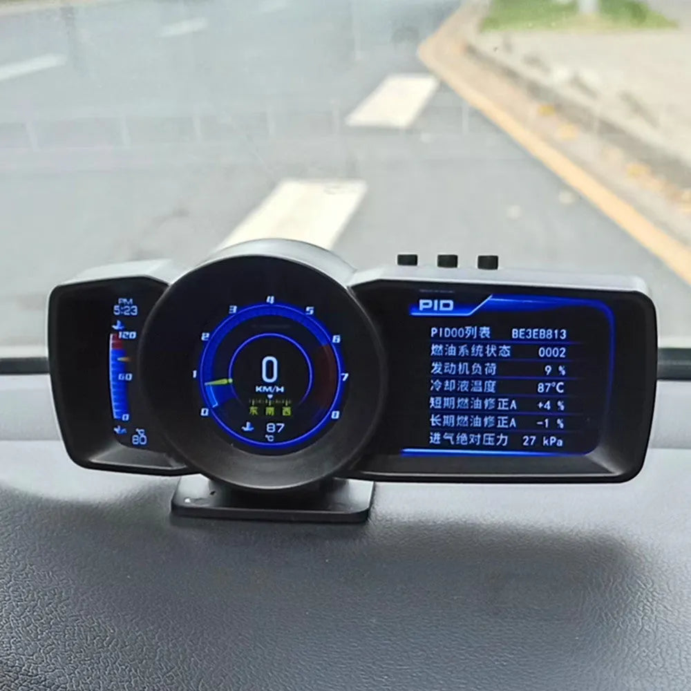 A600 vehicle monitor with 2.4-inch display showing GPS speed, fuel consumption and turbo boost readings