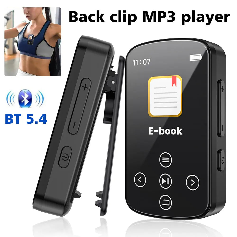 Black Bluetooth MP3 music player with touch screen and buttons