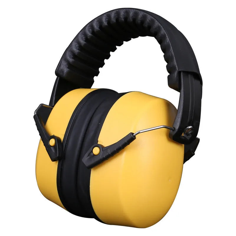 Orange head-mounted noise-reducing headphones with protective earmuffs and elastic adjustable headband