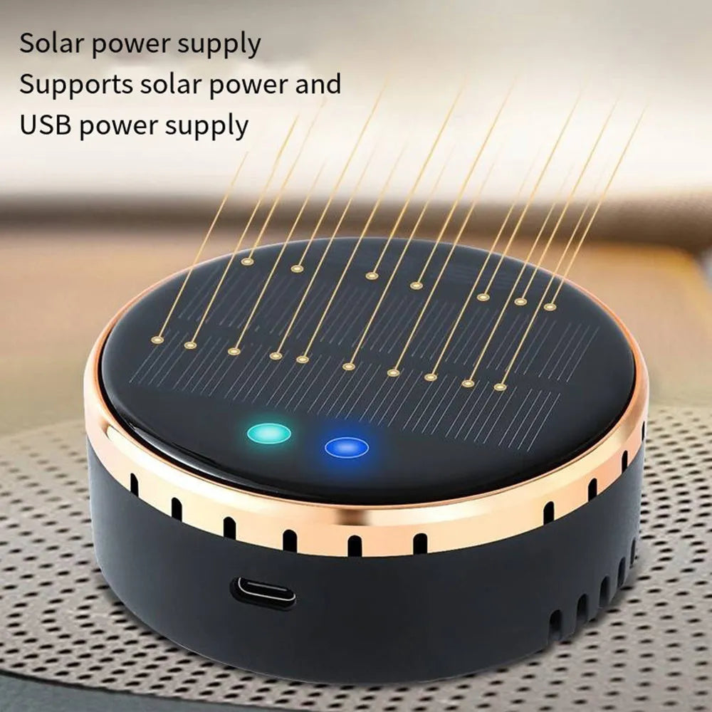 Black solar-powered car air humidifier mounted on a vehicle air vent.