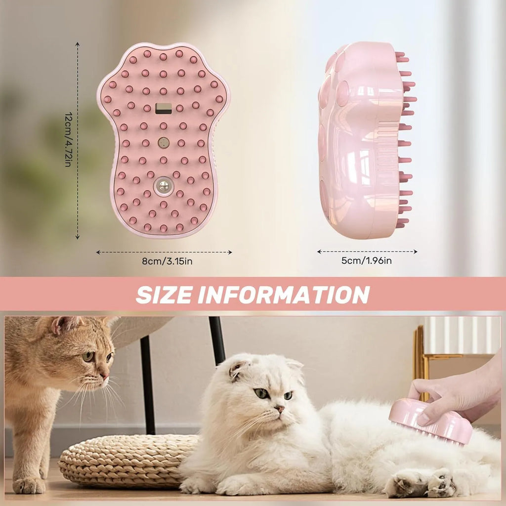 Self-cleaning cat steam brush with silicone bristles, spray nozzle, and release button in blue, green, or pink