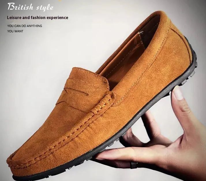 Men's suede Gommino loafers in dark green with round toe, sewing details, and a rubber sole.