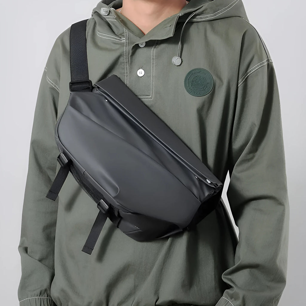 Men's medium crossbody shoulder bag in black or grey PU leather with internal organisation compartments