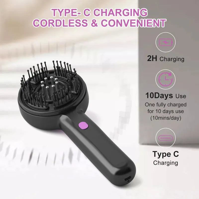 Black USB-rechargeable head massage tingler with comb teeth and mechanical speed switch.