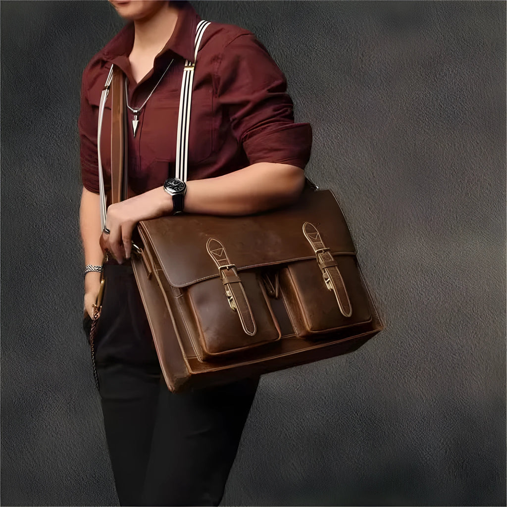 Top cowhide leather computer crossbody bag in black coffee colour with anti-theft expansion