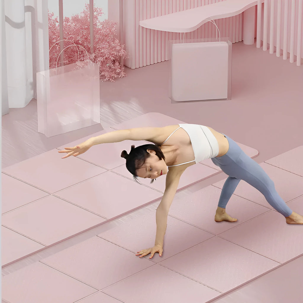 Blue folding TPE yoga mat shown unfolded and folded, displaying its six-fold design and non-slip texture.