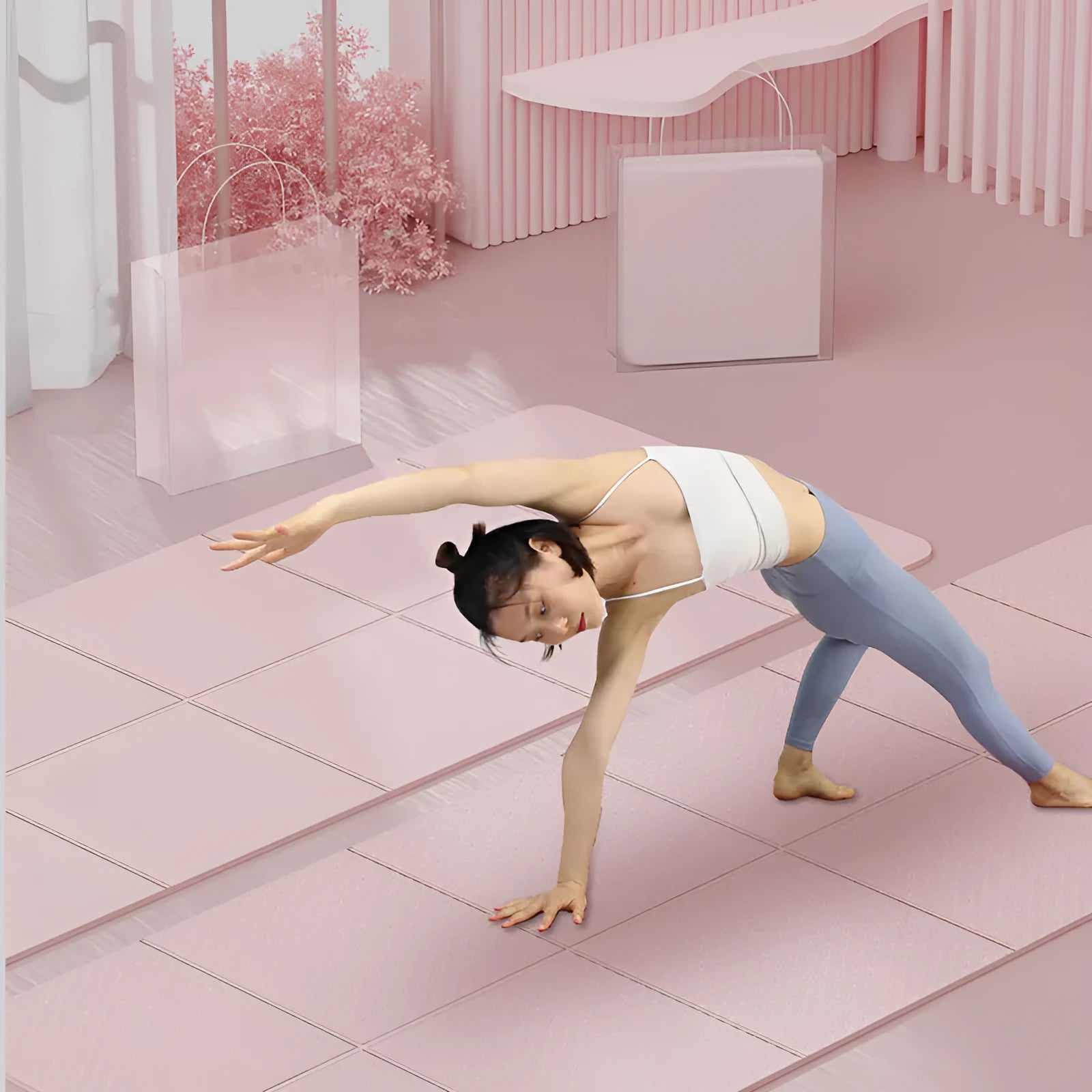 Blue folding TPE yoga mat shown unfolded and folded, displaying its six-fold design and non-slip texture.