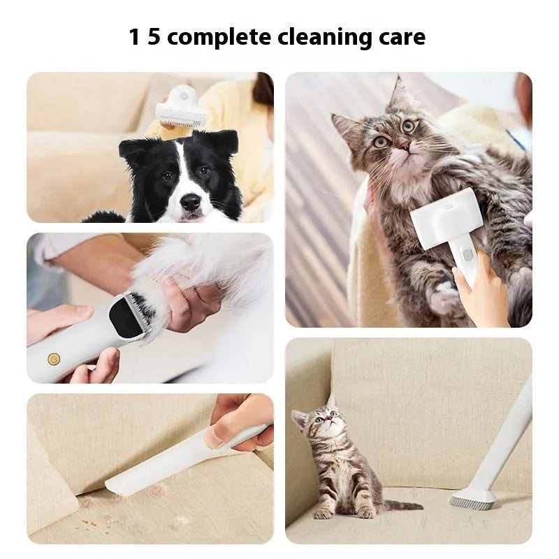 Pink white pet hair vacuum cleaner with grooming accessories including electric shear and combs