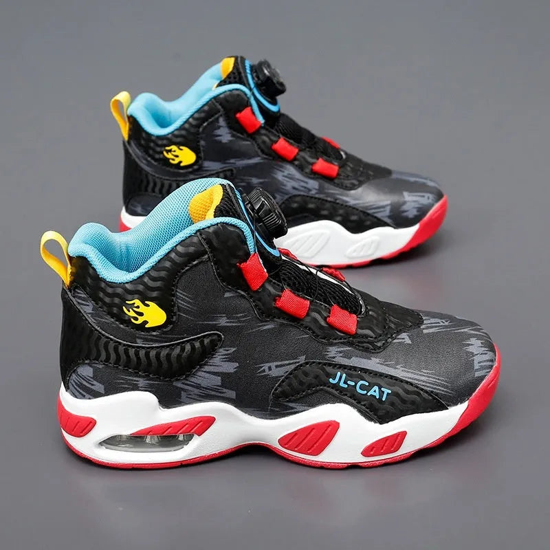 Children's rotating button basketball shoes in various colours with a synthetic leather upper and PU sole.