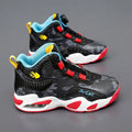 Children's rotating button basketball shoes in various colours with a synthetic leather upper and PU sole.