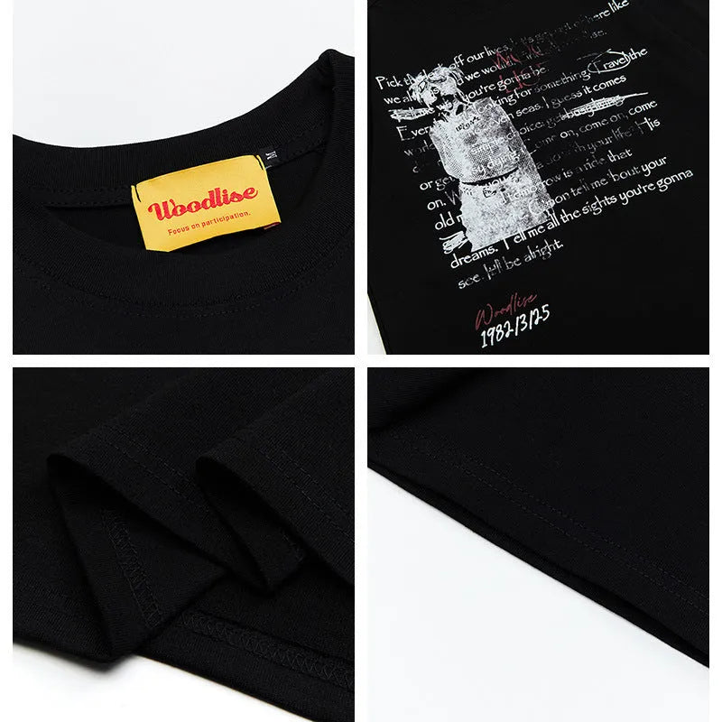 Men's black pure cotton loose fit t-shirt with white printed letter pattern and short raglan sleeves
