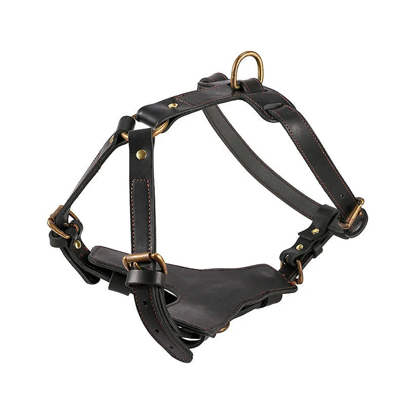 Cowhide leather dog chest harness set in black with automatic traction rope for small and large breeds