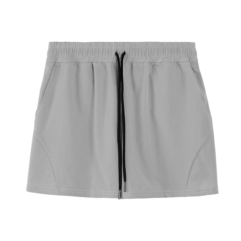 Men's thin grey polyester basketball shorts with elastic waistband, shown laid flat.