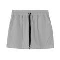 Men's thin grey polyester basketball shorts with elastic waistband, shown laid flat.