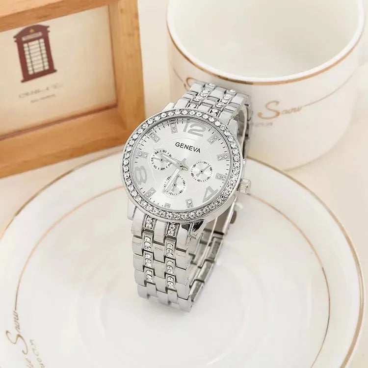 Unisex three-piece bracelet watch set in gold finish with two matching bracelets and slim 10mm watch