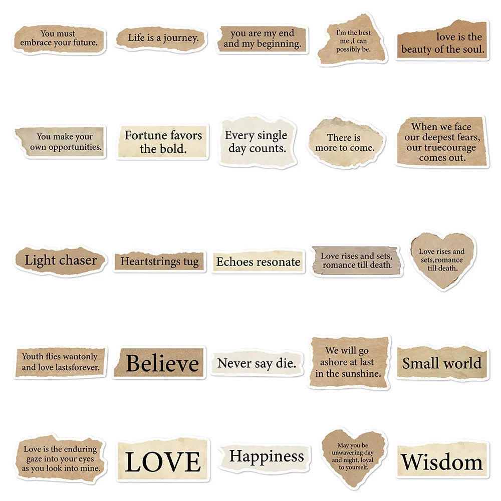 25 waterproof PVC decorative stickers with torn English text design in sizes from 4cm to 7cm