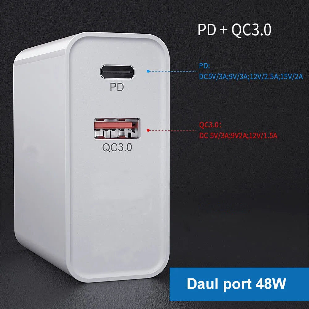 White fast charge USB wall charger with multiple ports including PD and QC